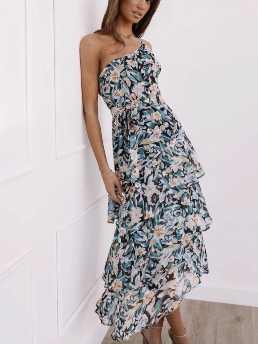 Petal & Pup One-Shoulder Floral Tiered Midi Dress in Navy and Green - Picture 2 of 7